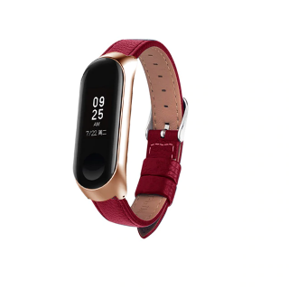 Kožený náhradní náramek pro Mi Band 3/4 Barva: červená - růžově zlatá (rose gold)