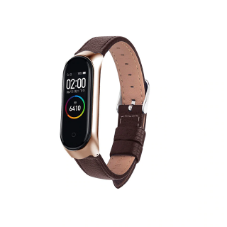 Kožený náhradní náramek pro Mi Band 3/4 Barva: tmavě hnědá - růžově zlatá (rose gold)