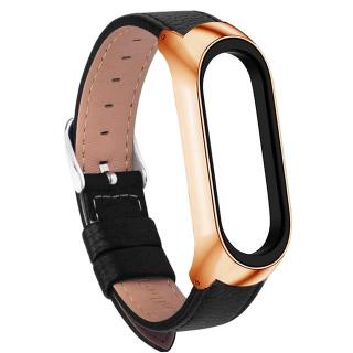 Kožený náhradní náramek pro Mi Band 7 Barva: černá - růžově zlatá (rose gold)