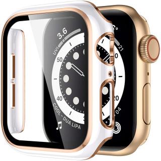 Lesklé prémiové ochranné pouzdro s tvrzeným sklem pro Apple Watch 38/40/41/42/44/45mm Barva: Bílá a růžová zlatá, Velikost pouzdra: 38mm