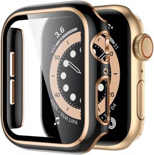 Lesklé prémiové ochranné pouzdro s tvrzeným sklem pro Apple Watch 38/40/41/42/44/45mm Barva: Černá a růžová zlatá, Velikost pouzdra: 38mm