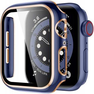 Lesklé prémiové ochranné pouzdro s tvrzeným sklem pro Apple Watch 38/40/41/42/44/45mm Barva: Modrá a růžová zlatá, Velikost pouzdra: 38mm