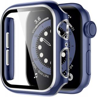 Lesklé prémiové ochranné pouzdro s tvrzeným sklem pro Apple Watch 38/40/41/42/44/45mm Barva: Modrá a stříbrná, Velikost pouzdra: 38mm