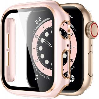 Lesklé prémiové ochranné pouzdro s tvrzeným sklem pro Apple Watch 38/40/41/42/44/45mm Barva: Růžová a růžová zlatá, Velikost pouzdra: 38mm