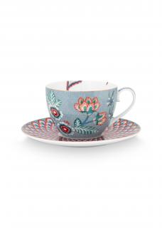 Pip Studio Flower Festival cappuccino šálek s podšálkem 280ml, modrý (hrnek z tenkostěnného porcelánu)