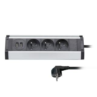 Designový prodlužovací kabel rohový, 3x zásuvka 230V, 2x USB port, stříbrná / černá, 1,5 m