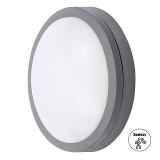 Venkovní svítidlo kulaté nástěnné / stropní se světelným a pohybovým čidlem LED, šedé, průměr 23 cm