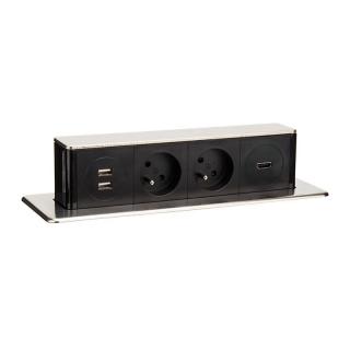 Vestavné výsuvné zásuvky pro pracovní stůl / kuchyňskou linku, 2x 230 V, USB, HDMI, stříbrné