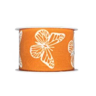 Stuha látková SWEET BUTTERFLY oranžová 40 mm x 2 m  (Oranžová látková stuha s plastickým bílým potiskem motýl, s vetkaným tenkým vlascem v obou okrajích)