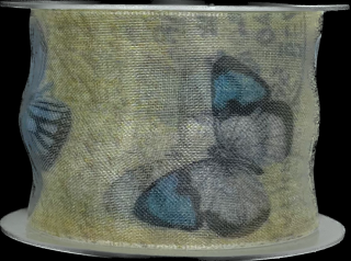 Stuha organzová BLUE BUTTERFLY 40mm x 2m (Stuha organzová, potisk motýli, s vetkaným vlascem v obou okrajích)