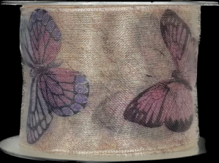 Stuha organzová VIOLETT BUTTERFLY 40mm x 2m (Stuha organzová, potisk motýli, s vetkaným vlascem v obou okrajích)