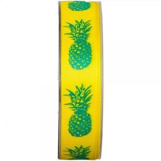 Stuha saténová žlutá PINEAPPLE 25mm x 2,5m (4,-Kč/m) (Stuha saténová žlutá Ananas, jednostranný potisk, tvarově stálé hrany)