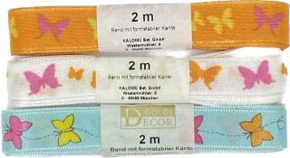 Stuha taftová BUTTERFLY PARADISE II set 3ks 15mm x 2m (10,-/ks) (Jarní stuha skládaná, set pastelově modré, bílé a oranžové, s vlascem v lemu)