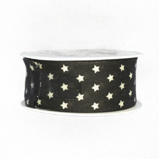 Stuha vánoční bavlněná TINY STARS černá 25mm x 2m (Stuha vánoční, černá, bavlněná, s drátkem v lemu)