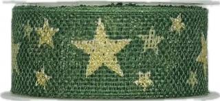 Stuha vánoční GREEN STARS II zelená 25mm x 2m (Stuha jutová,tmavě zelená, potisk zlaté hvězdy, jednostranná)