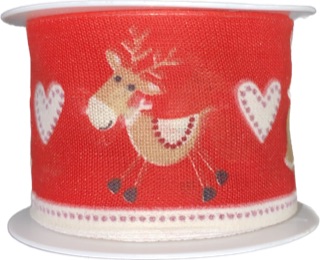 Stuha vánoční REINDEER RED 40mm x 2m (Vánoční stuha látková, jednostranný potisk, s vetkaným vlascem)