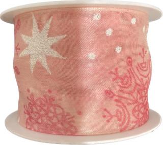 Vánoční organzová stuha SOUTH STAR PINK 40mm x 2m (Stuha organzová, oboustranná, bílý plastický potisk, s vlascem v lemu)