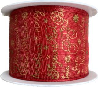 Vánoční stuha organzová CHRISTMAS FONT RED 40mm x 2m  (Vánoční stuha organzová, transparentní, červená, zlatý potisk, s vlascem v lemu)