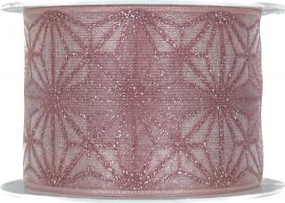 Vánoční stuha organzová GLAMOUR FLOWER PINK 40mm x 2m (Vánoční stuha organzová, růžová, oboustranná, glitrový potisk, transparentní, s vlascem v lemu)