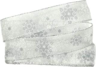 Vánoční stuha organzová ORGANDY SNOWFLAKES bílá 25 mm x 2 m (7,50 Kč/m) (Vánoční stuha organzová, čistě bílá, potisk vločky, stříbrný okraj, s vetkaným vlascem )