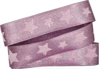 Vánoční stuha PINK STAR růžová 25 mm x 2 m (Vánoční saténová stuha, v barvě pastelově růžové, s jednostranným potiskem a glitrovým efektem)