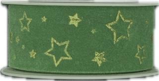 Vánoční stuha sametová VELUTTO STARS zelená 25mm x 2m (9,-Kč/m) (Stuha vánoční, sametová, jednostranný zlatý potisk)