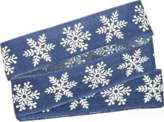 Vánoční stuha skládaná SNOWFLAKES modrá 25mm x 2m  (7,50 Kč/m) (Vánoční látková stuha, bavlněná, jednostranný potisk sněhová vločka, modrá, s vetkaným vlascem v obou okrajích)