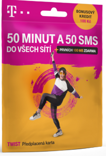 PŘEDPLACENÁ T-MOBILE TWIST SIM KARTA - ZDARMA 50 MINUT, 50 SMS A 100 MB DAT, kredit 100,- Kč  + 20+1 ZDARMA!