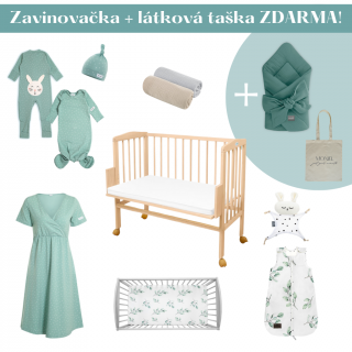 Sada pro pohodlné noční kojení s přístavnou postýlkou pro miminko mint/green+ taška a zavinovačka ZDARMA