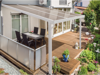 Hliníková pergola Terrassendach Premium - bronzový akryl / bílá konstrukce Rozměr: 10,14 x 5,06 m, Varianta: Terrassendach Premium - bronzový akryl /…