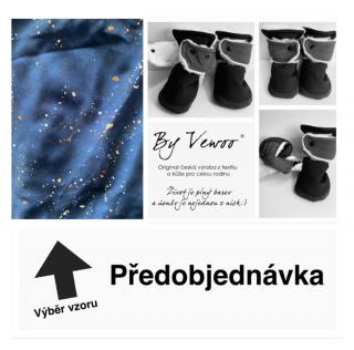 Barefoot Ťapkycapky - MERINO - VZOR GALAXIE - EXTRA ZIMNÍ MERINO-PŘÍRODNÍ BERÁNEK -NEPROMOKAVÉ - SOFTSHELL střední capáčky prošité přírodním beránkem 2cm - 14cm - 16cm (Zapínací, nadkotníkové)