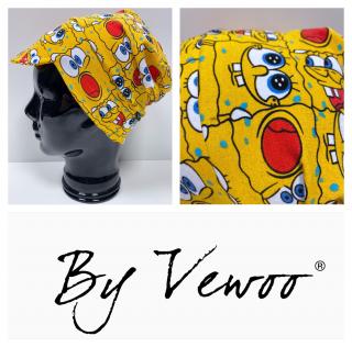 Čepice s kšiltem, dvojitý lem kolem uší - vzor SPONGEBOB - velikost 46-50cm a 50-54cm (Čepice homeless s kšiltem)