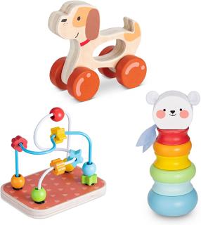 3 dílná sada hraček Navaris pro děti od 18 měsíců - pejsek, stohovací věž, trénink motoriky (Wooden Toys Set for Kids - 3 Toy Educational Activity Play Set - Shape and Colour Learning Toys for Babies Toddlers Children from 18 months)