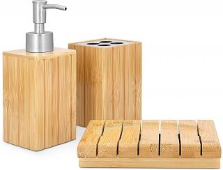 3 dílný set bambusových doplňků do koupelny Navaris - dávkovač tekutého mýdla, stojan na kartáčky, držáček na mýdlo (Bamboo Bathroom Accessories Set - 3-Piece Bath Set with Toothbrush Holder, Soap Dispenser, Organiser Tray - Natural Wood)