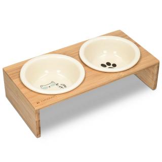 Béžové keramické misky Navaris 2x 350ml pro kočky a malé psy se stojanem z bambusu (Navaris Ceramic Cat Bowls with Stand - Raised Food and Water Bowl Set for Cats on Elevated Wooden Riser - Eco-Friendly Cat and Paw Design - 2 Bowls)