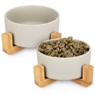 Béžové keramické misky Navaris 2x 850ml pro kočky a pejsky s dřevěnými stojánky (Ceramic Elevated Cat Bowls - Raised Double Food and Water Bowl Set for Cats and Small Dogs with Wood Stands - No Spill Eco Friendly Pet Bowls)