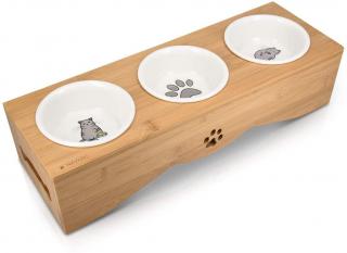 Béžové keramické misky Navaris 3x 130ml pro kočky a malé psy se stojanem z bambusu (Navaris Raised Pet Bowls Stand - Elevated Triple Feeder for Cats and Small Dogs - Ceramic Cat and Dog Bowl Set with Printed Designs and Wooden Holder)