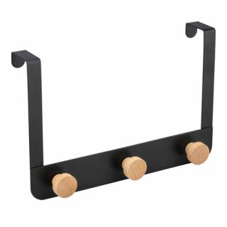 Černý kovový věšák na dveře 3 bambusové háčky 30 x 2,5 x 20cm Altom Design (Black metal door hanger with 3 bamboo hooks , 30 x 2.5 x 20 cm, Altom Design)