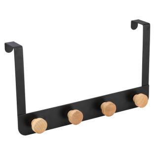 Černý kovový věšák na dveře 4 bambusové háčky 35 x 2,5 x 20cm Altom Design (Black metal door hanger with 4 bamboo hooks , 35 x 2.5 x 20 cm, Altom Design)