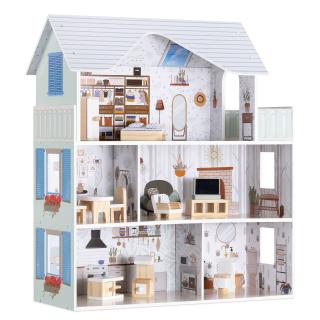 Domeček pro panenky Navaris - 3 pokoje, kuchyně, koupelna - včetně nábytku (Wooden Dolls House - 3 Storey Wood Dollhouse with Toy Furniture and Soft Accessories - Doll House with 5 Rooms and Balcony - 69.5 x 62 x 27cm)