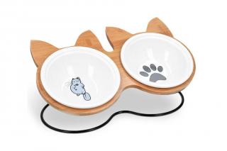 Keramické misky Navaris 2x 383ml pro kočky a malé psy se stojanem z bambusu a kovu (Navaris Bamboo Raised Double Cat Bowl Stand - Cat Shaped Feeding Station for Cats and Pets - Elevated Twin Ceramic Food, Water Bowl Holder)