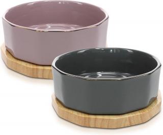 Keramické misky Navaris 2x 800ml pro pejsky a kočky s dubovými podstavci, fialová a šedá se zlatým lemem (Ceramic Dog Bowl - Set of 2 800ml Water or Food Bowls for Pet Dogs and Cats with Non Slip Oak Wood Underlay - Ceramic Bowls - Grey, Purple)