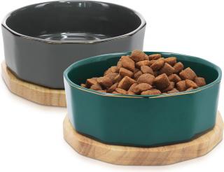 Keramické misky Navaris 2x 800ml pro pejsky a kočky s dubovými podstavci, šedá a petrolová zelená se zlatým lemem (Navaris Ceramic Dog Bowl - Set of 2 800ml Water or Food Bowls for Pet)