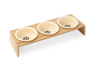 Keramické misky Navaris 3x 350ml pro kočky a malé psy se stojanem z bambusu (Navaris Ceramic Cat Bowls with Stand - Raised Food and Water Bowl Set for Cats on Elevated Wooden Riser - Eco-Friendly Cat and Paw Design - 3 Bowls)