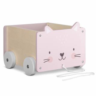 Malý úložný box Navaris pro hračky na kolečkách, kočička (26,4 x 20 x 25,8cm) (Navaris Kids Toy Box - Cat Wooden Chest for Childrens, Boys, Girls Toys with Wheels - Unisex Children Toy and Games Bedroom Storage Trunk 18M+)