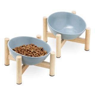 Modré keramické misky Navaris 2x 300 ml pro psy a kočičky s dřevěnými protiskluzovými stojánky (Ceramic Pet Bowls with Wood Stand (Set of 2) - 300ml Dog Bowls with Wooden Stands - Food and Water Bowl Set for Feeding Cats and Dogs - Blue)