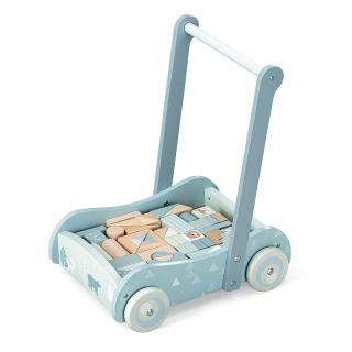 Navaris - Chodítko pro učení chůze pro batolata ze dřeva s 46 kostkami na hraní (Wooden Baby Walker with Blocks - Push Along Wagon for Babies with 46 Wood Bricks - Classic Toy Gift Idea for Girls and Boys Learning to Walk)