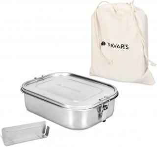 Ocelový Bento box Navaris na svačinu nebo oběd s přepážkou, 1400 ml + bavlněná taštička (Steel Lunch Box with Divider - 1400ml Stainless Steel Sandwich, Snack, Lunch, Food Storage Container - Leakproof Bento Box with Divider, Bag)