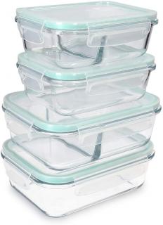 Sada 4ks dóz Navaris na uchování potravin, odolná proti horku i chladu (Glass Food Container Set - Mixed Set of 4 Storage Containers with Lids - Airtight, Leakproof, Oven, Microwave, Freezer and Dishwasher Safe)