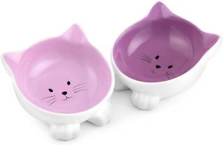 Set dvou fialových mističek Navaris s oušky pro kočičky (Cat Bowls with Ears - 2 Pack of Ceramic Cat Feeding Dishes with Anti Slip Silicone Feet - Purple Cat Shaped Food and Water Bowls Set)